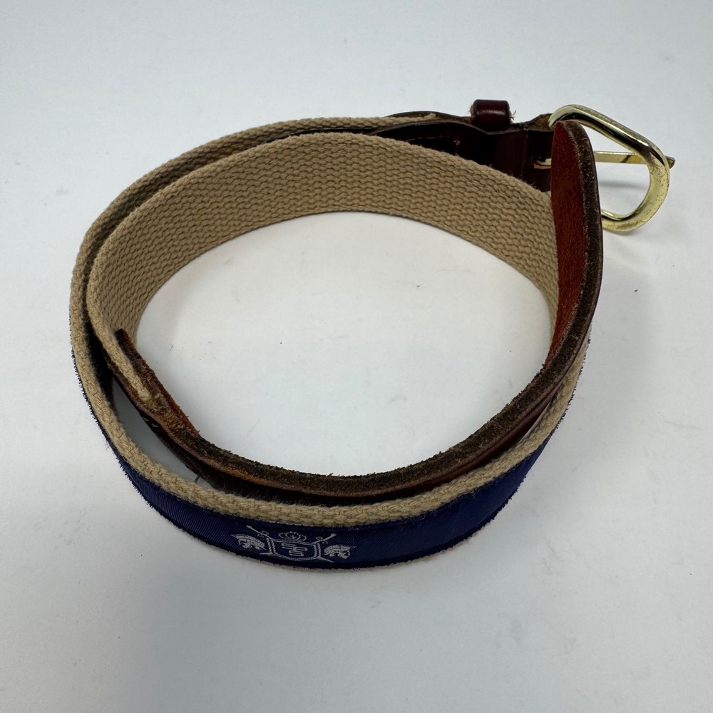 Cape Cod Belt Co Canvas Leather Belt Kids 30 Tan Navy Crest Preppy Good Cond - Picture 3 of 9